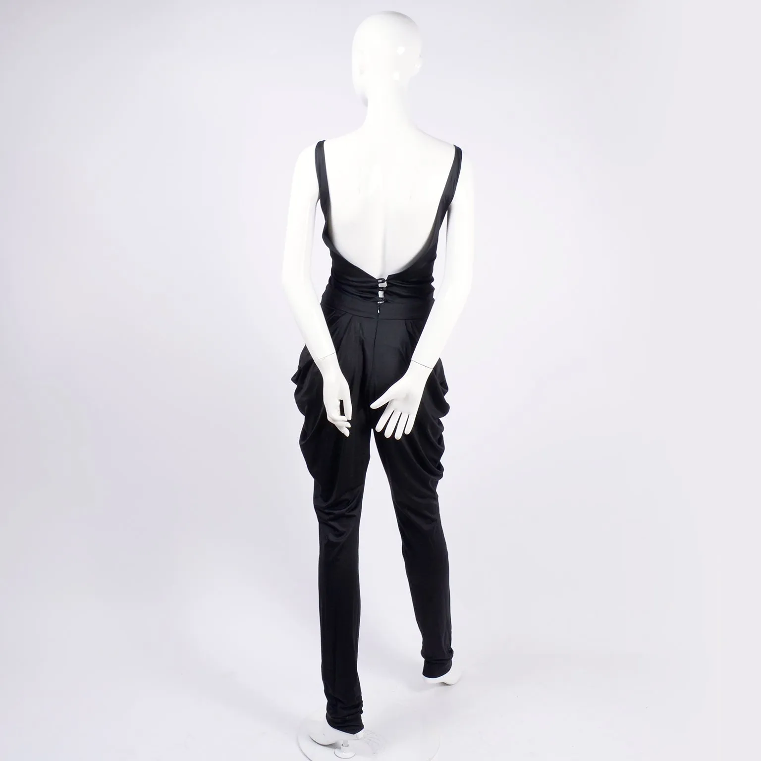 1980s Black Harem Jumpsuit w/ Gathering & Low Back