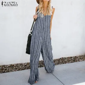2018 ZANZEA Jumpsuits Women Wide Leg Pant Striped Casual Plus Size Overalls Sexy Deep V Neck Sleeveless Strappy Summer Trousers
