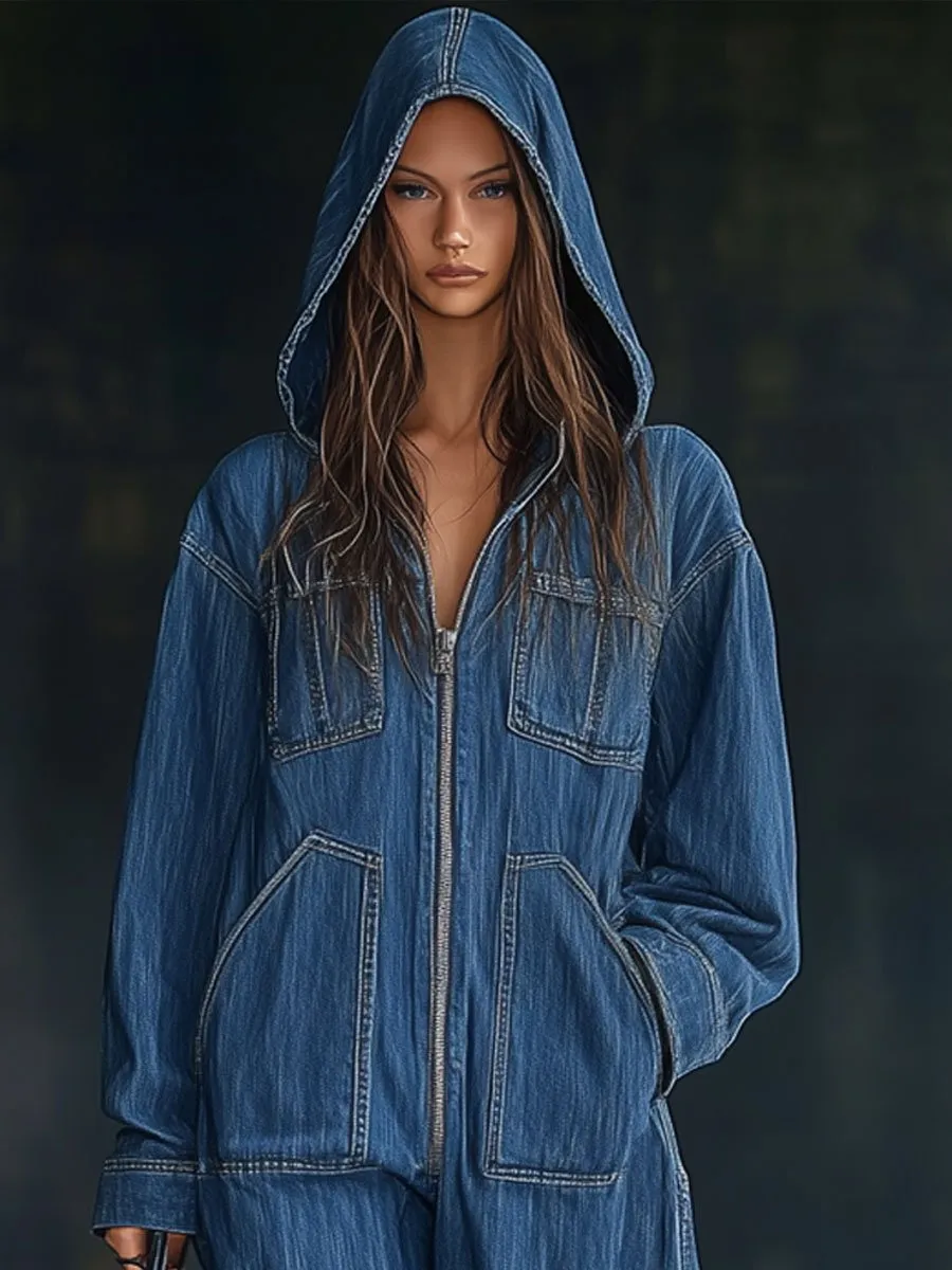 【24-hour shipping】Casual Loose Retro Pocket Long Sleeve Hooded Zipper Denim Jumpsuit