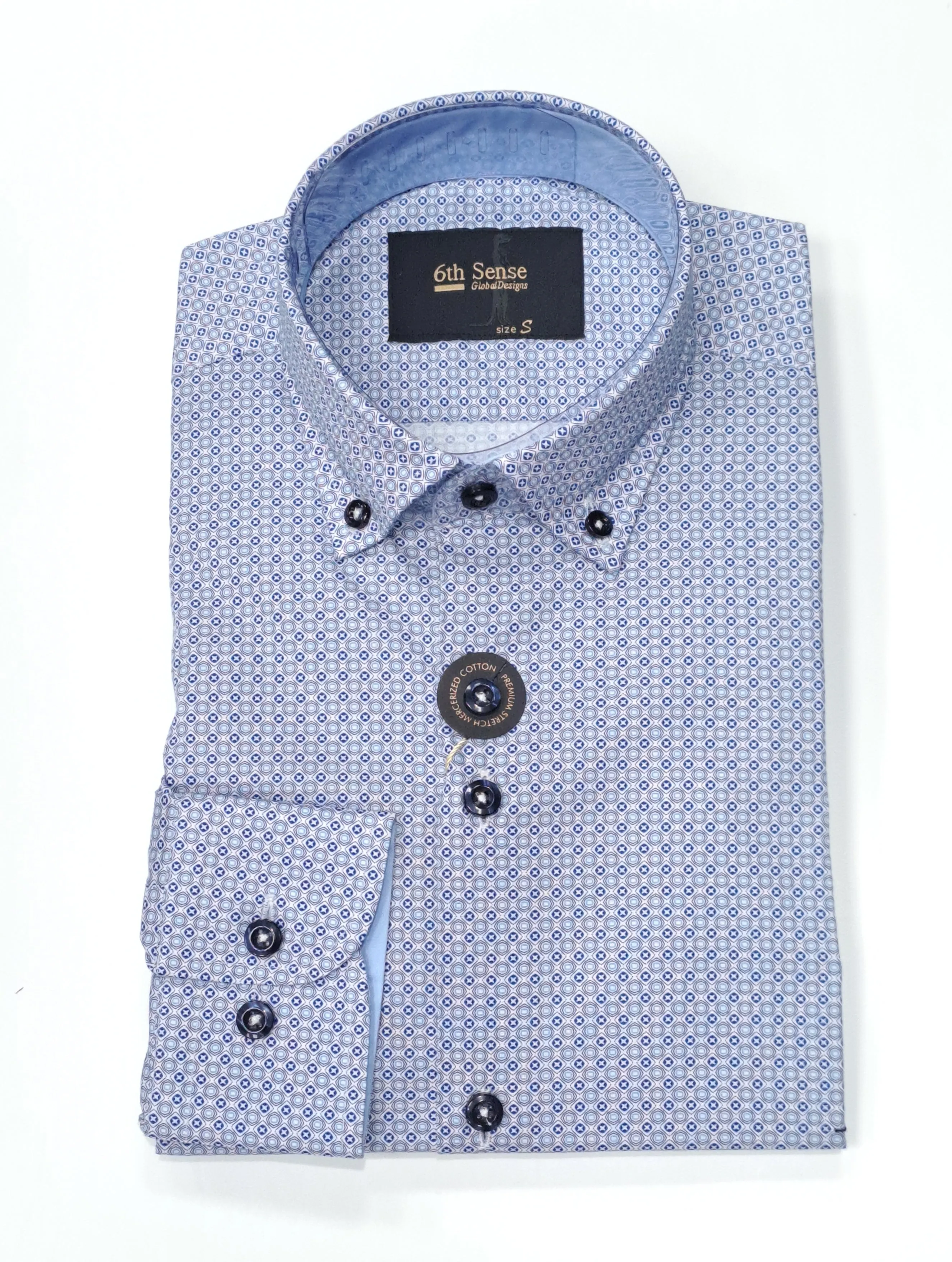 6th Sense Diamond Print Long Sleeve Shirt O#27- Blue