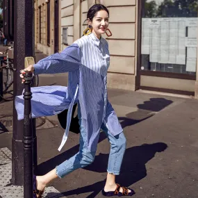 8GIRLS STRIPE OVERSIZED LONGLINE SHIRT IN BLUE