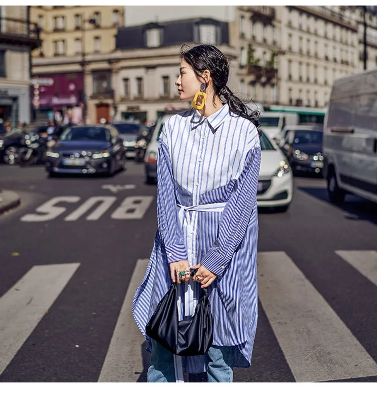 8GIRLS STRIPE OVERSIZED LONGLINE SHIRT IN BLUE