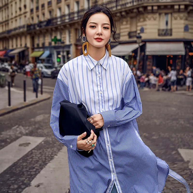 8GIRLS STRIPE OVERSIZED LONGLINE SHIRT IN BLUE