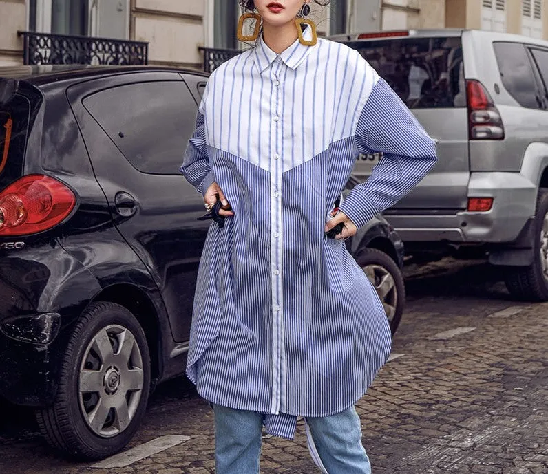 8GIRLS STRIPE OVERSIZED LONGLINE SHIRT IN BLUE