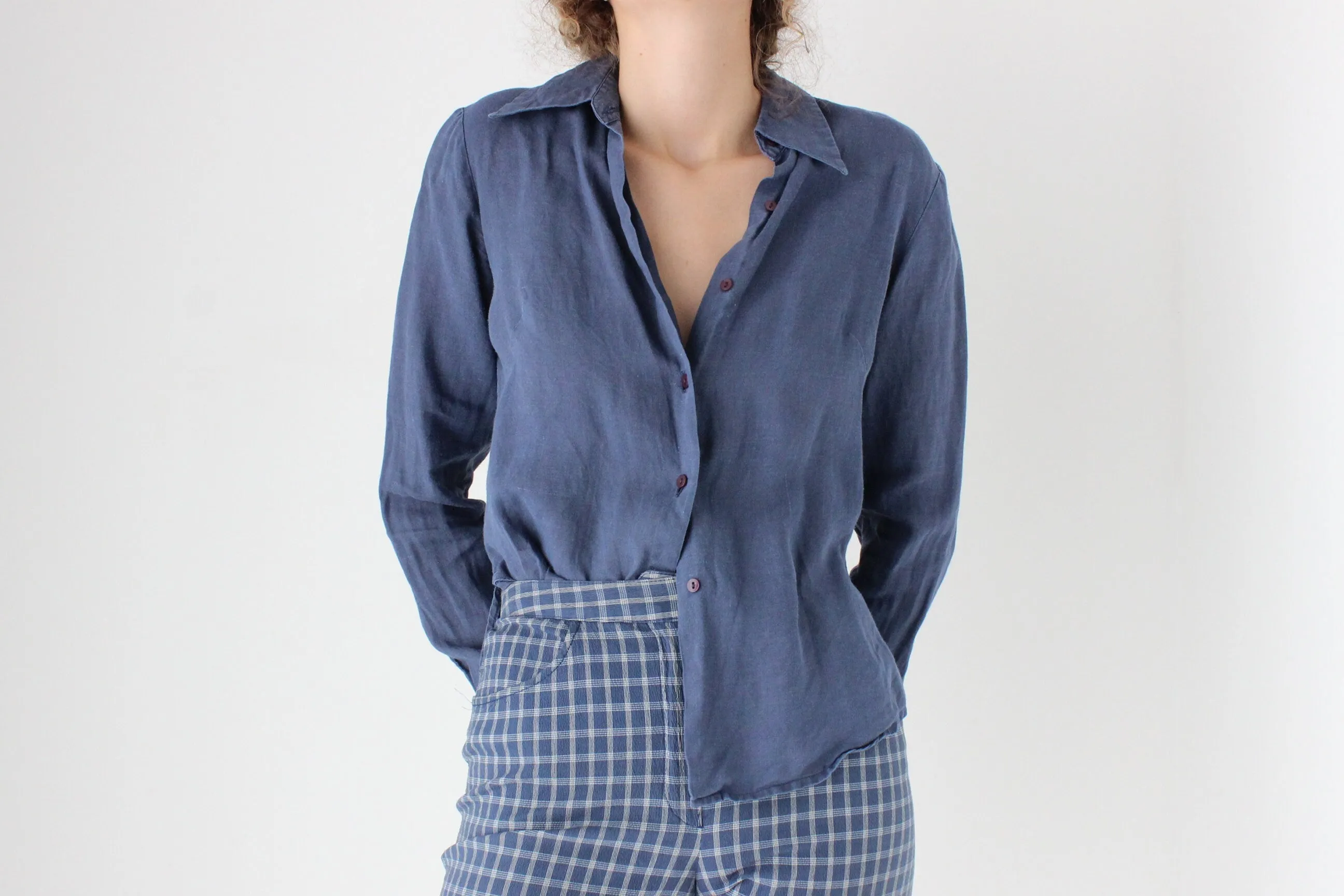 90s Benetton Italy Blue Linen Button Up