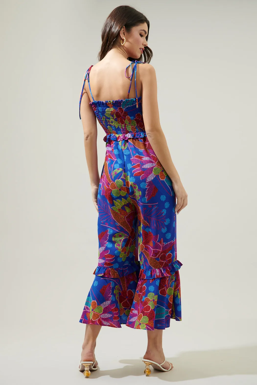 Amazonia Blue Jadora Smocked Tie Strap Cropped Jumpsuit