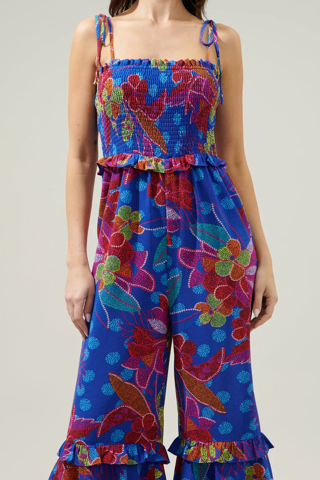 Amazonia Blue Jadora Smocked Tie Strap Cropped Jumpsuit