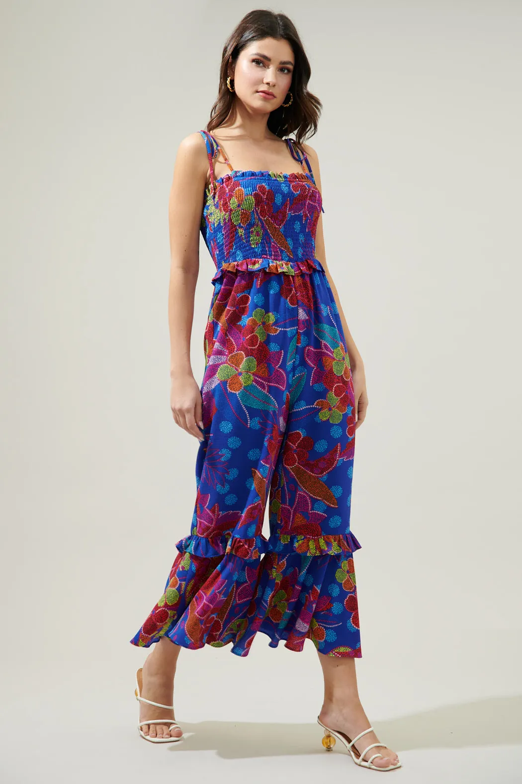 Amazonia Blue Jadora Smocked Tie Strap Cropped Jumpsuit