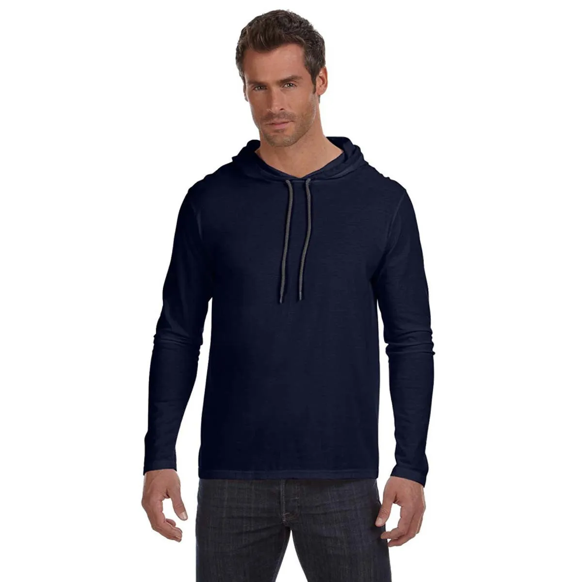 Anvil Men's Navy Lightweight Long-Sleeve Hooded T-Shirt