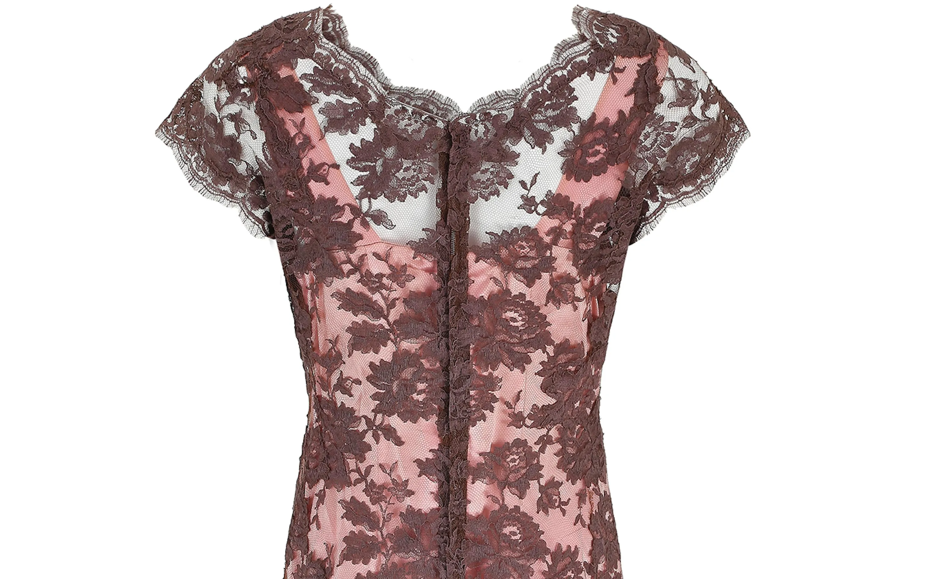 ARCHIVE - 1950s Worth London Couture Brown Lace and Pink Sheath Dress