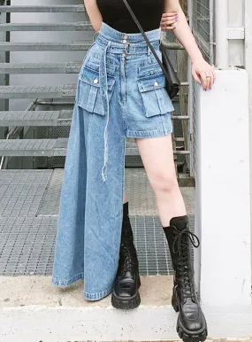 Asymmetrical Denim Skirt High Waist With Sashes Streetwear Irregular Casual Women Skirts