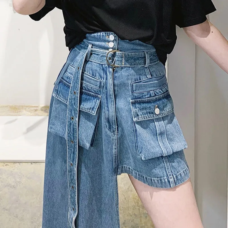 Asymmetrical Denim Skirt High Waist With Sashes Streetwear Irregular Casual Women Skirts