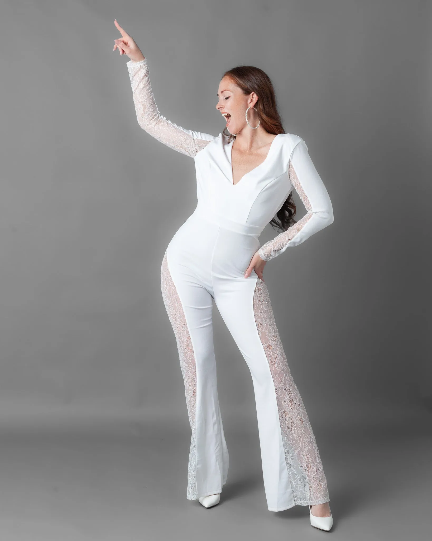 Athens Long Sleeve Rhinestone Lace Wide Leg Jumpsuit