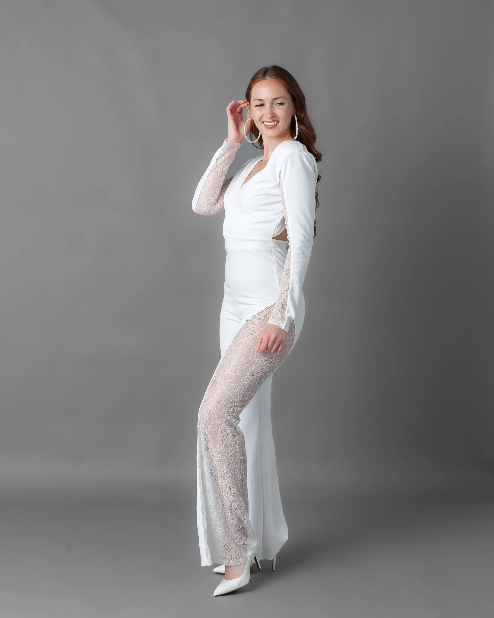 Athens Long Sleeve Rhinestone Lace Wide Leg Jumpsuit