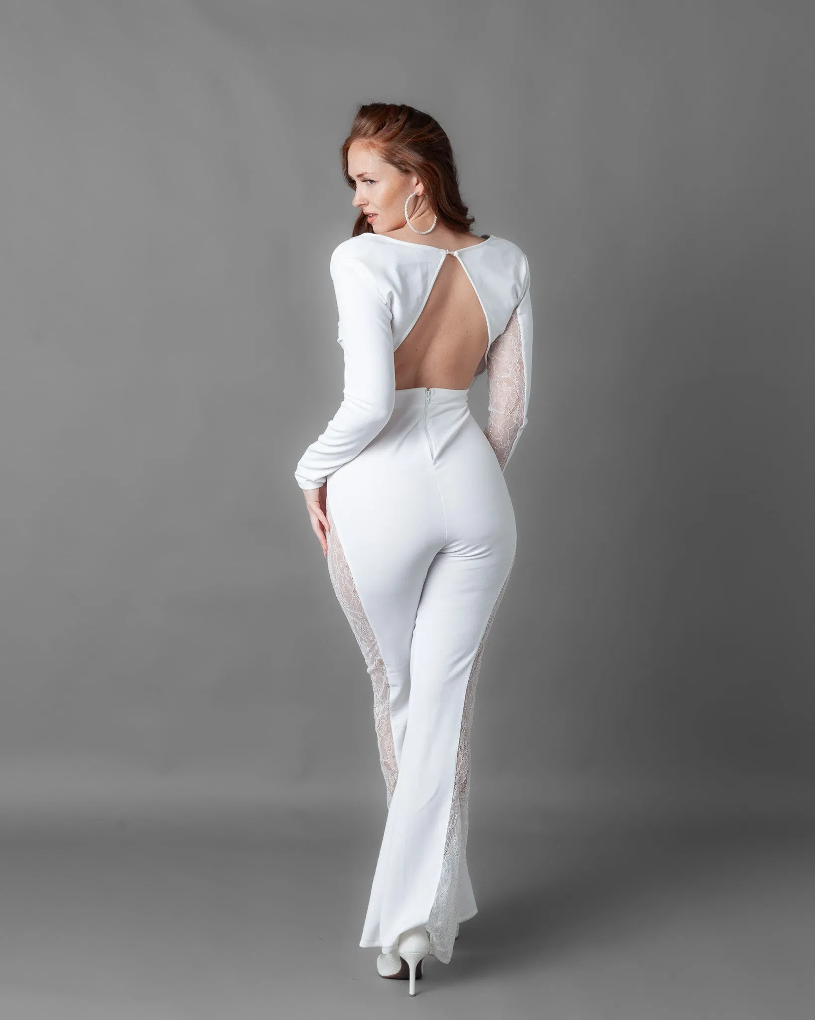 Athens Long Sleeve Rhinestone Lace Wide Leg Jumpsuit