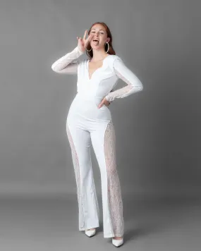 Athens Long Sleeve Rhinestone Lace Wide Leg Jumpsuit