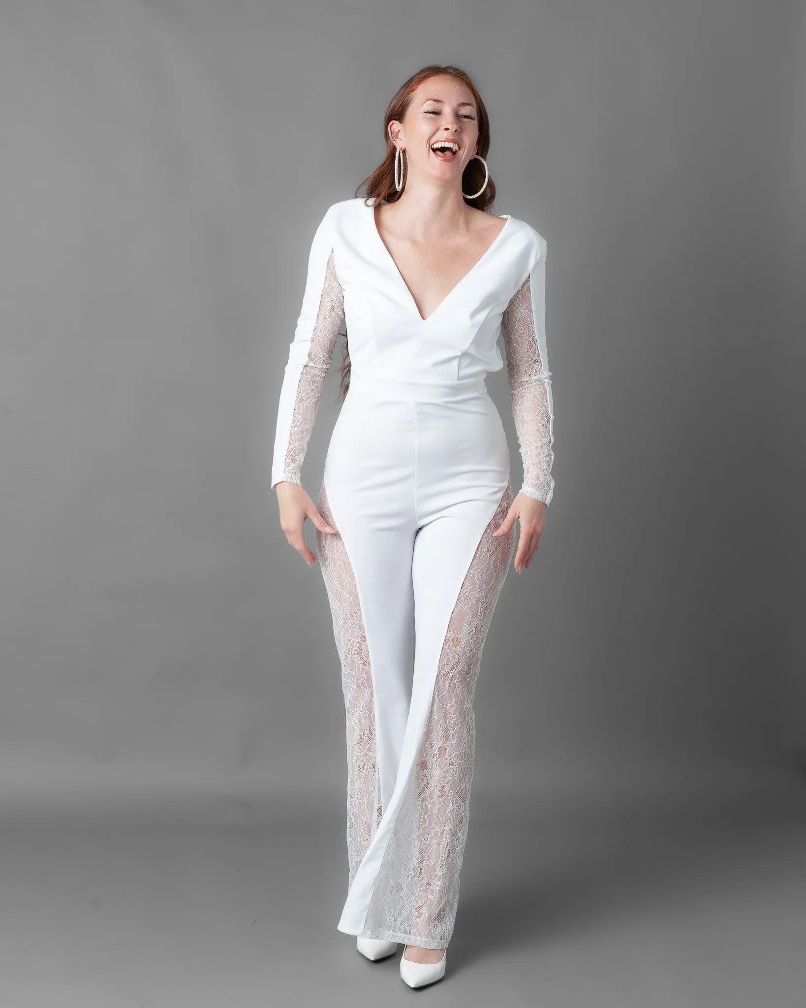 Athens Long Sleeve Rhinestone Lace Wide Leg Jumpsuit