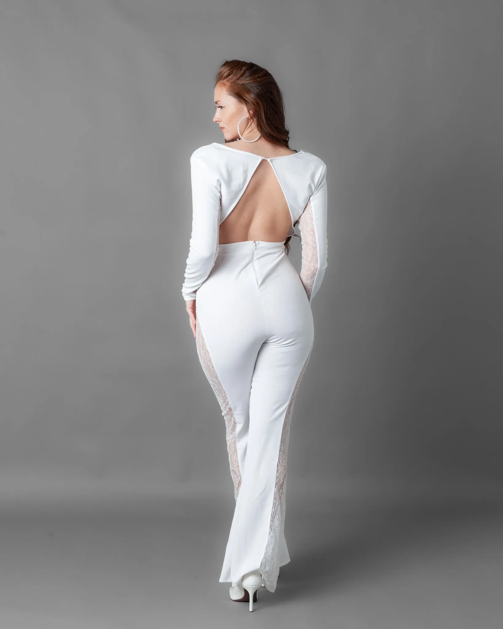 Athens Long Sleeve Rhinestone Lace Wide Leg Jumpsuit