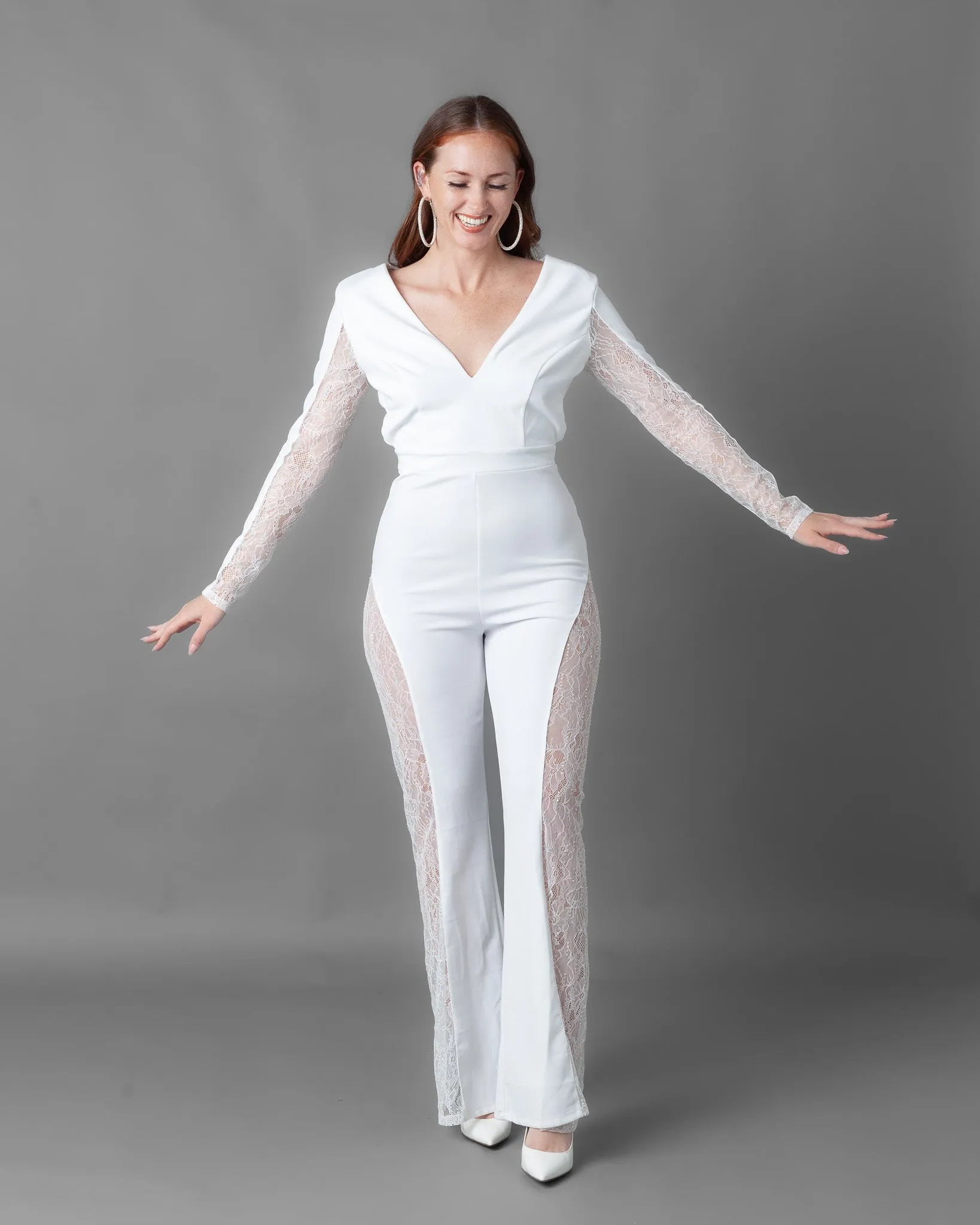 Athens Long Sleeve Rhinestone Lace Wide Leg Jumpsuit