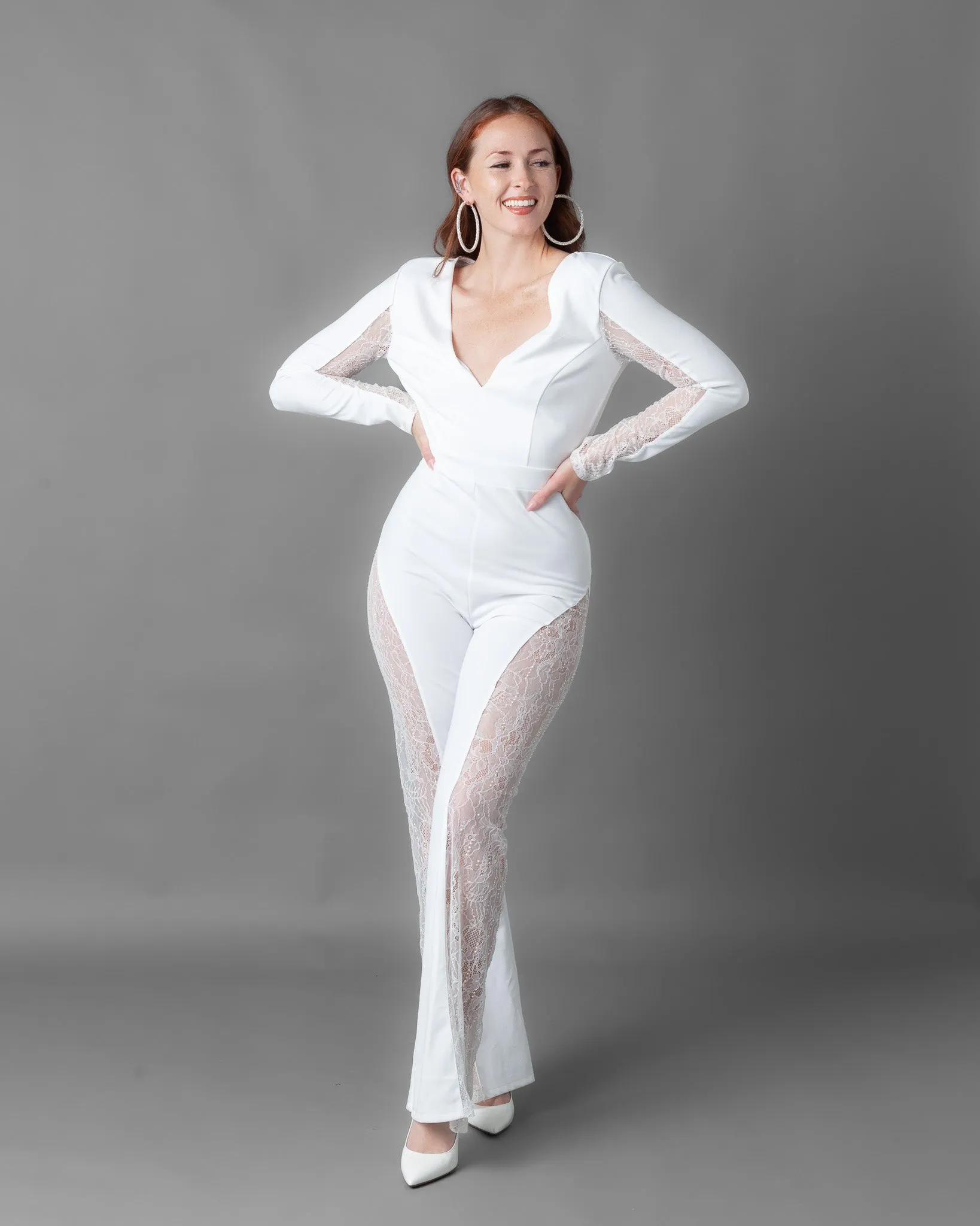 Athens Long Sleeve Rhinestone Lace Wide Leg Jumpsuit