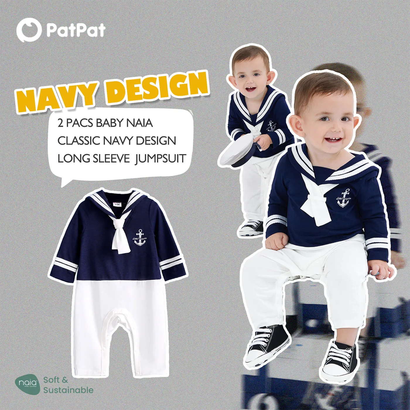 Baby Boy/Girl Naia Classic Navy Design Long Sleeve Jumpsuit