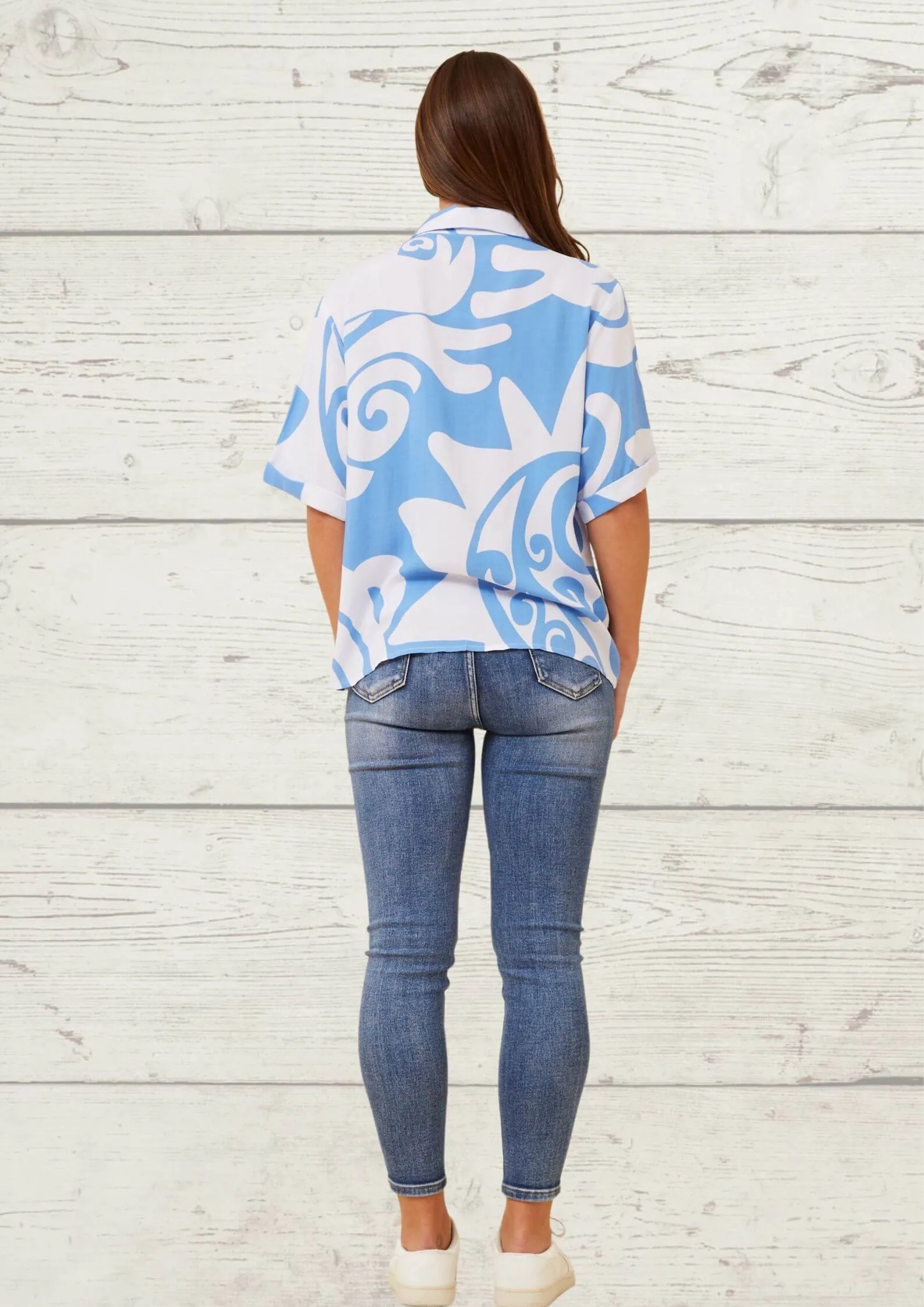 Bethany Short Sleeve Shirt Top in Blue Print
