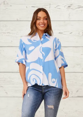 Bethany Short Sleeve Shirt Top in Blue Print