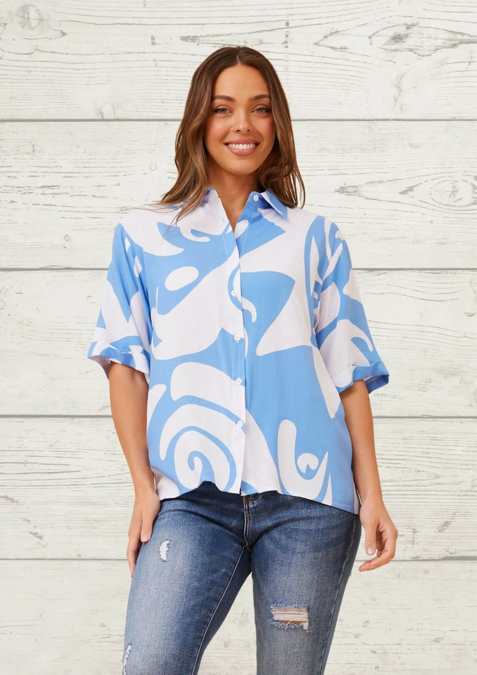 Bethany Short Sleeve Shirt Top in Blue Print
