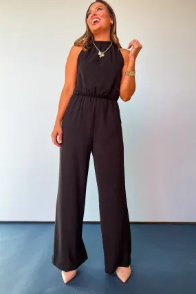 Black Crepe Sleeveless Elastic Jumpsuit