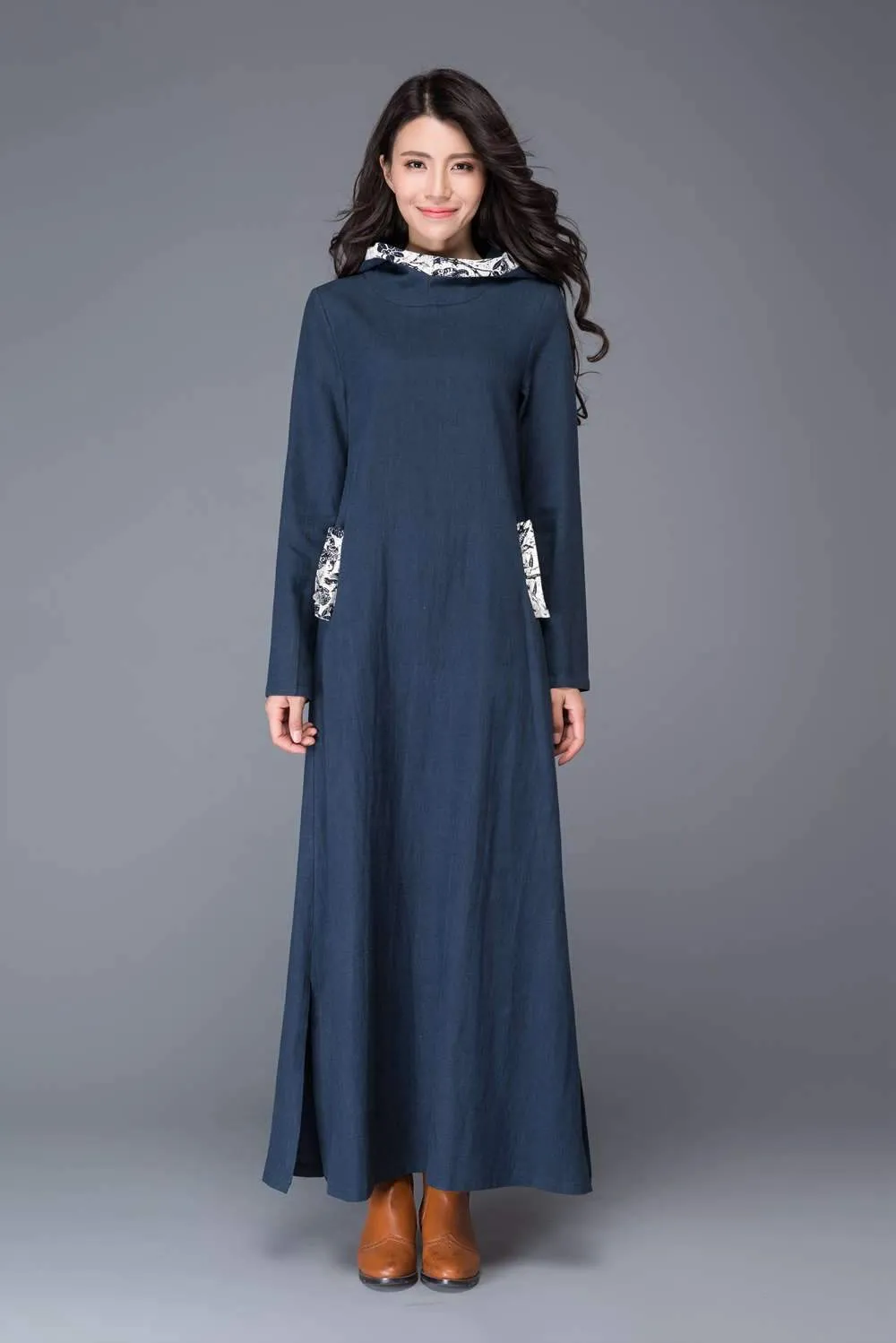 Blue Linen dress, maxi dress, linen dress, womens dresses, causal dress, hoody dress, long sleeved dress, maxi linen dress, long skirt C1011