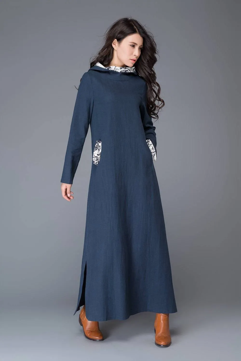 Blue Linen dress, maxi dress, linen dress, womens dresses, causal dress, hoody dress, long sleeved dress, maxi linen dress, long skirt C1011