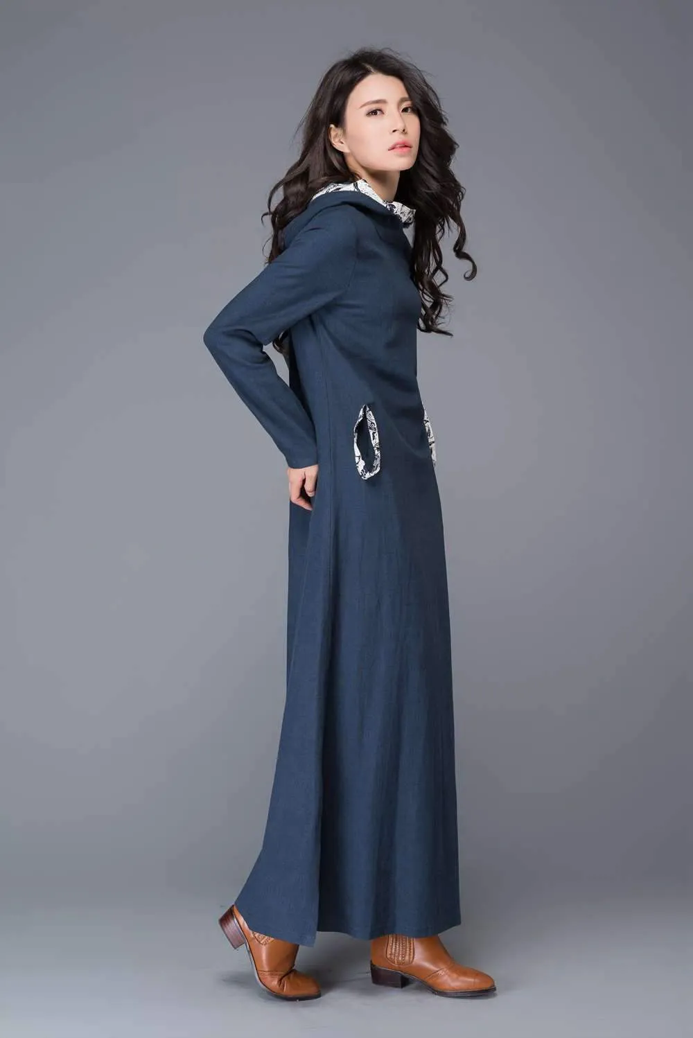 Blue Linen dress, maxi dress, linen dress, womens dresses, causal dress, hoody dress, long sleeved dress, maxi linen dress, long skirt C1011