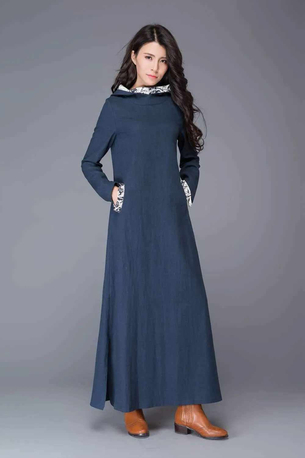 Blue Linen dress, maxi dress, linen dress, womens dresses, causal dress, hoody dress, long sleeved dress, maxi linen dress, long skirt C1011