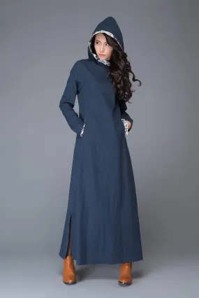 Blue Linen dress, maxi dress, linen dress, womens dresses, causal dress, hoody dress, long sleeved dress, maxi linen dress, long skirt C1011