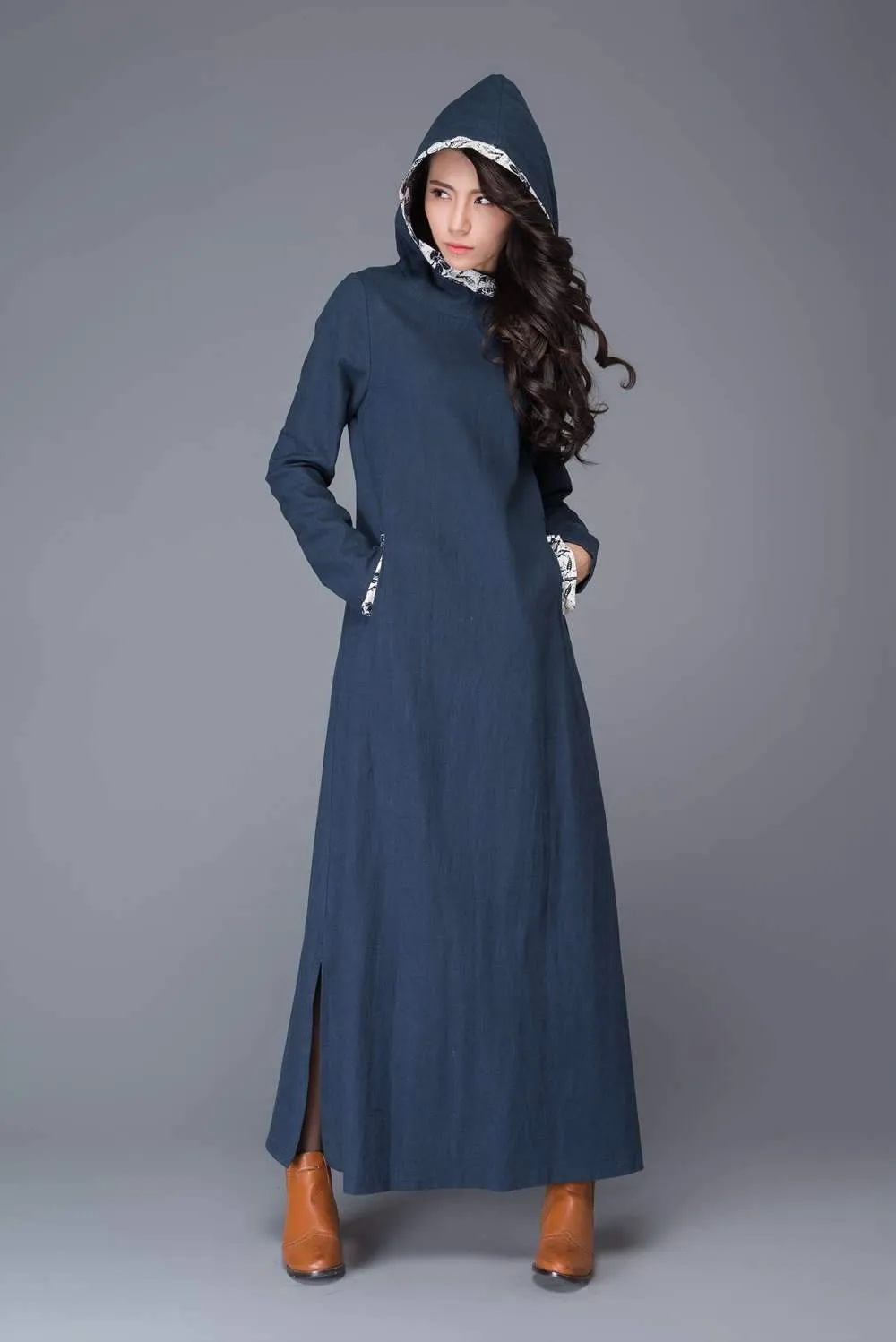 Blue Linen dress, maxi dress, linen dress, womens dresses, causal dress, hoody dress, long sleeved dress, maxi linen dress, long skirt C1011
