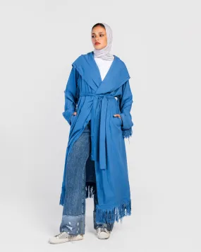 Blue Longline Fringes Cardigan