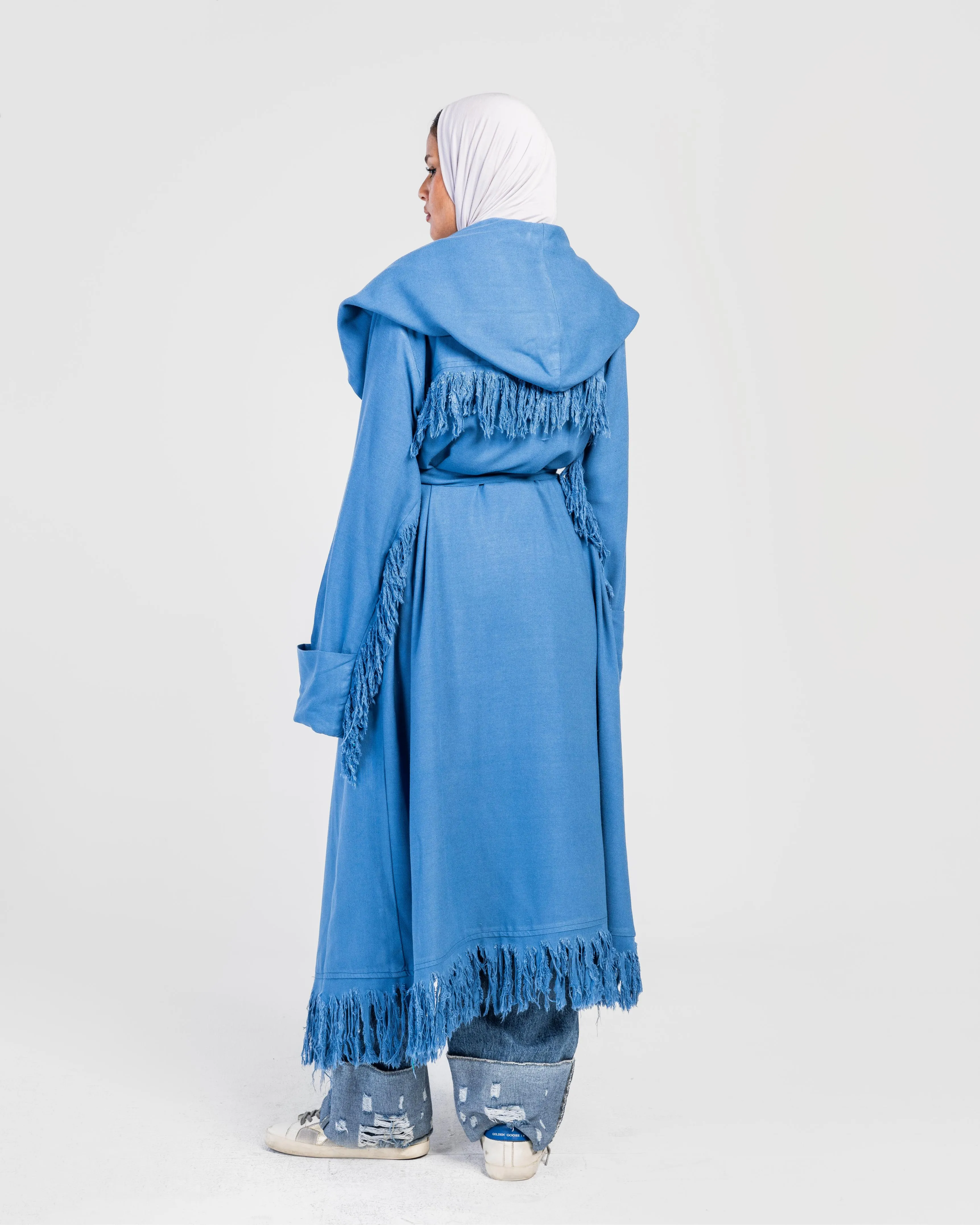 Blue Longline Fringes Cardigan