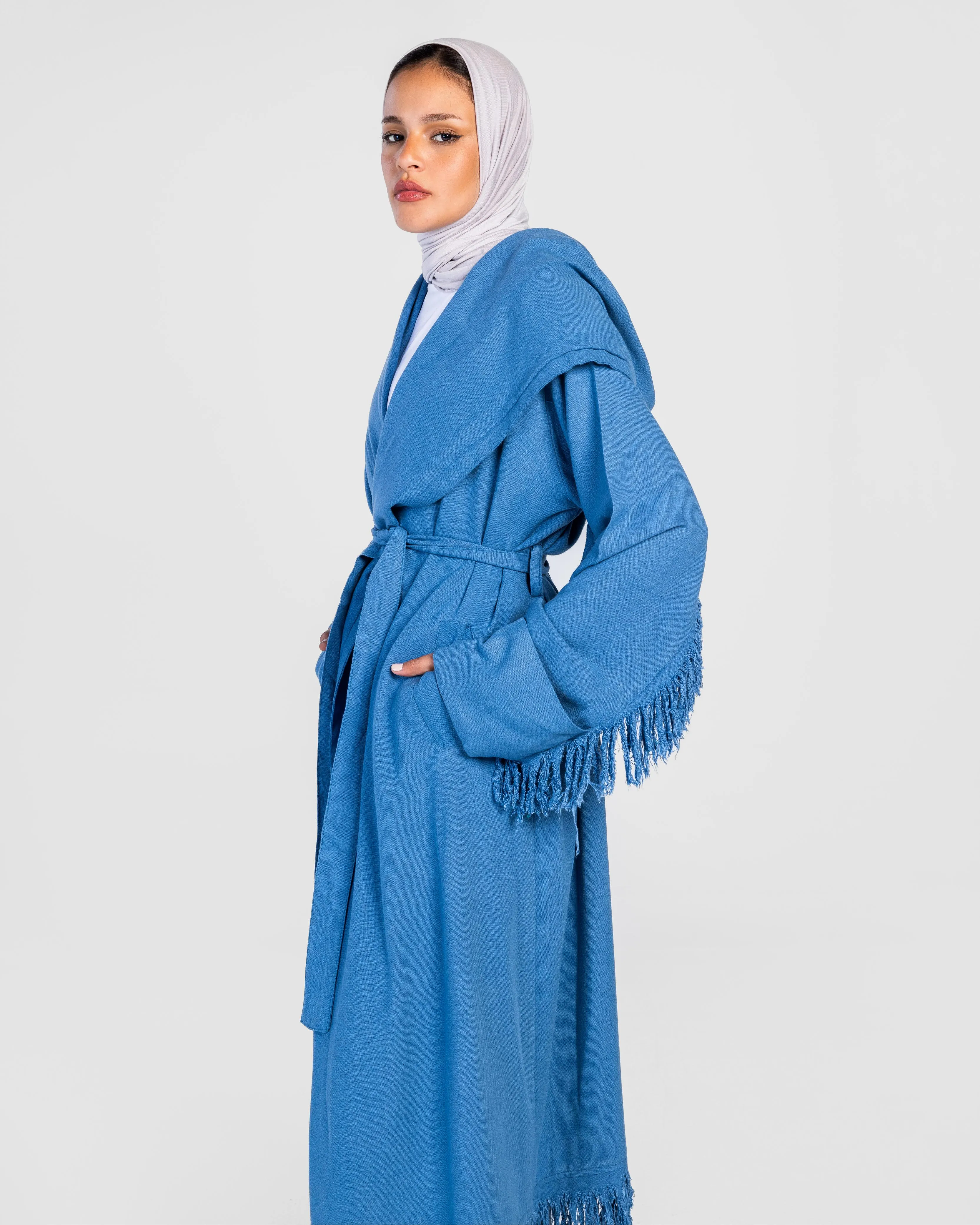 Blue Longline Fringes Cardigan