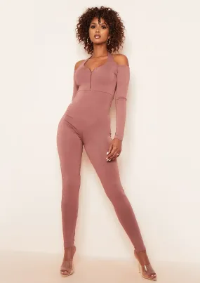 Bonnie Mocha Halterneck Cut Out Long Sleeve Zip Up Jumpsuit