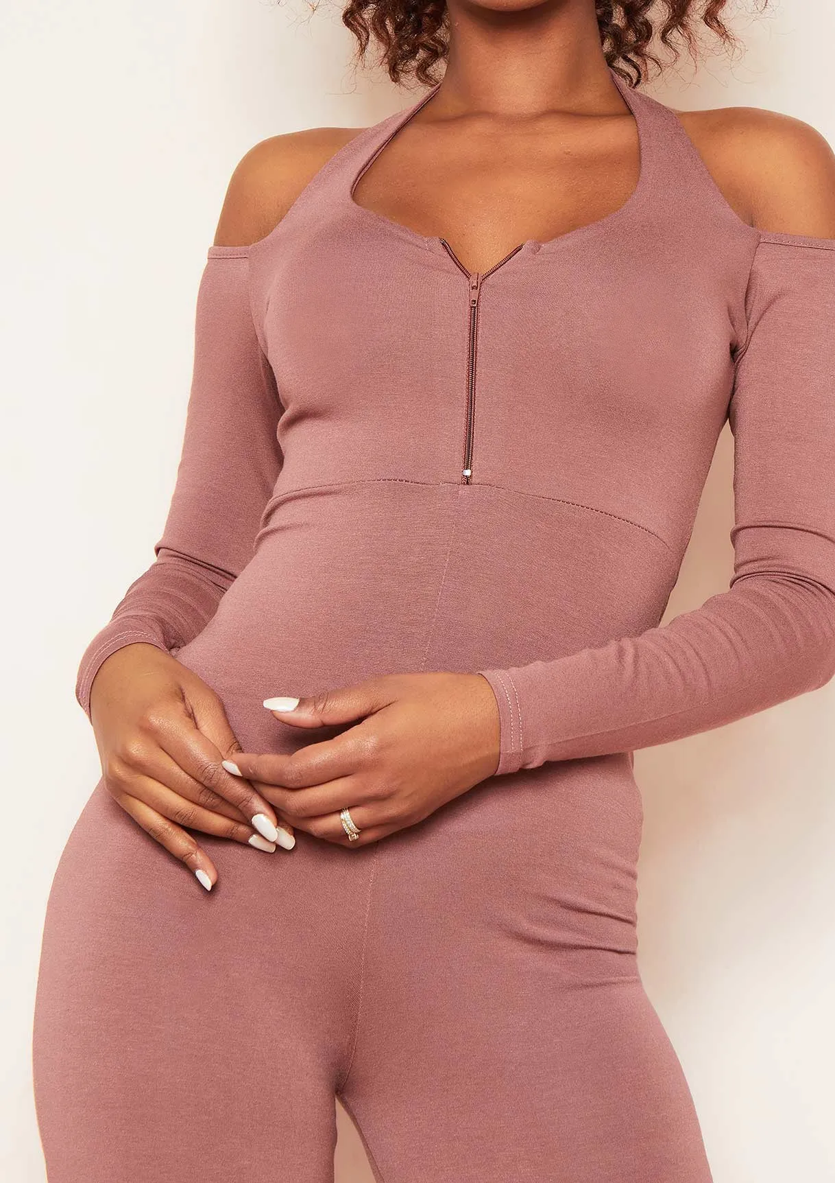 Bonnie Mocha Halterneck Cut Out Long Sleeve Zip Up Jumpsuit