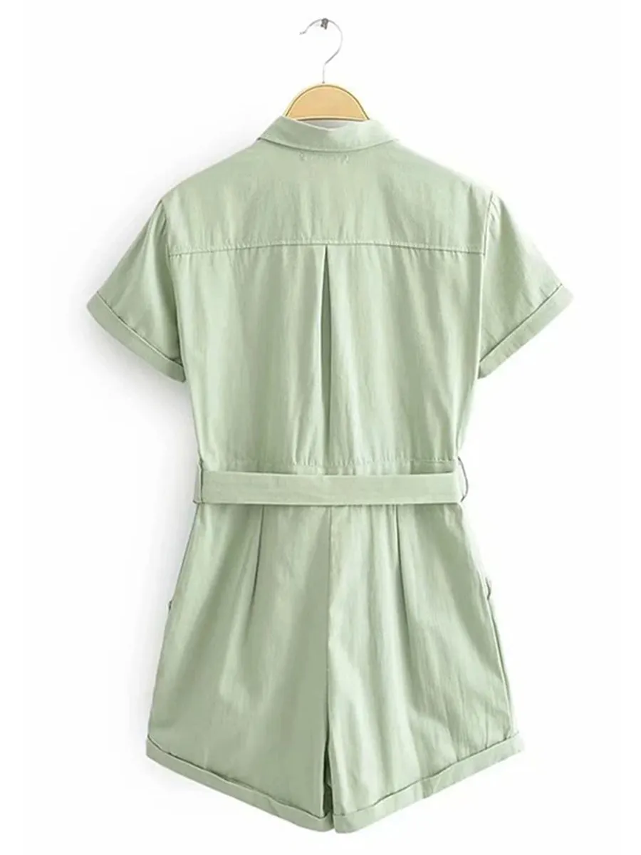 Button Belted Pockets Romper