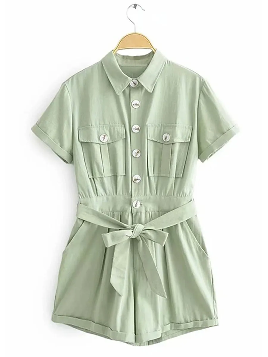 Button Belted Pockets Romper