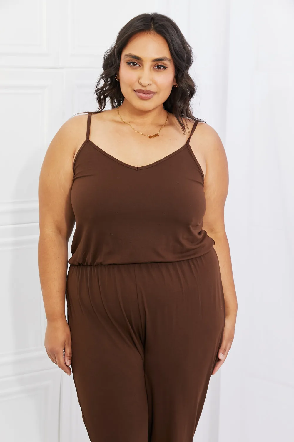 Casual Full Size Solid Elastic Waistband Jumpsuit in Chocolate