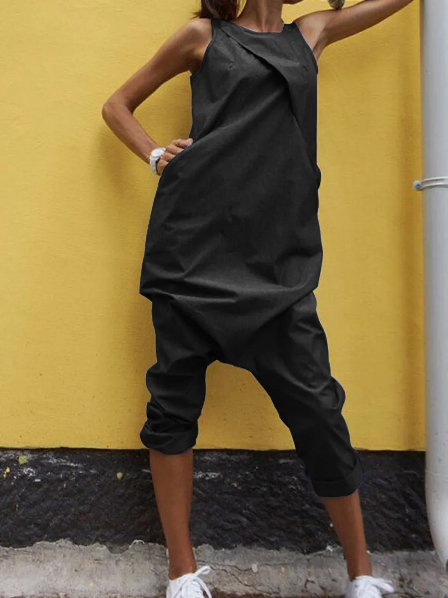 Casual Loose Solid Color Sleeveless Jumpsuit