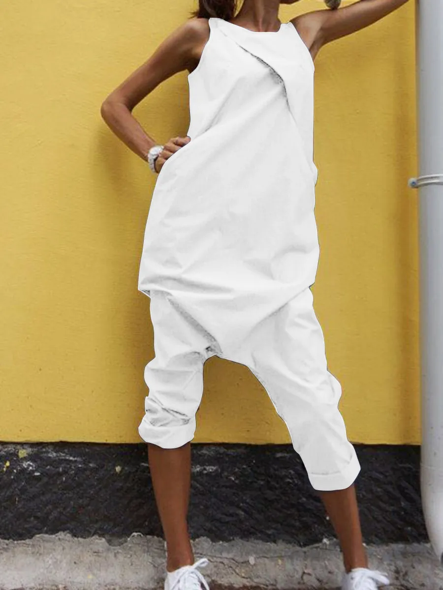 Casual Loose Solid Color Sleeveless Jumpsuit