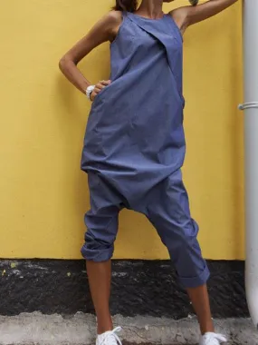 Casual Loose Solid Color Sleeveless Jumpsuit