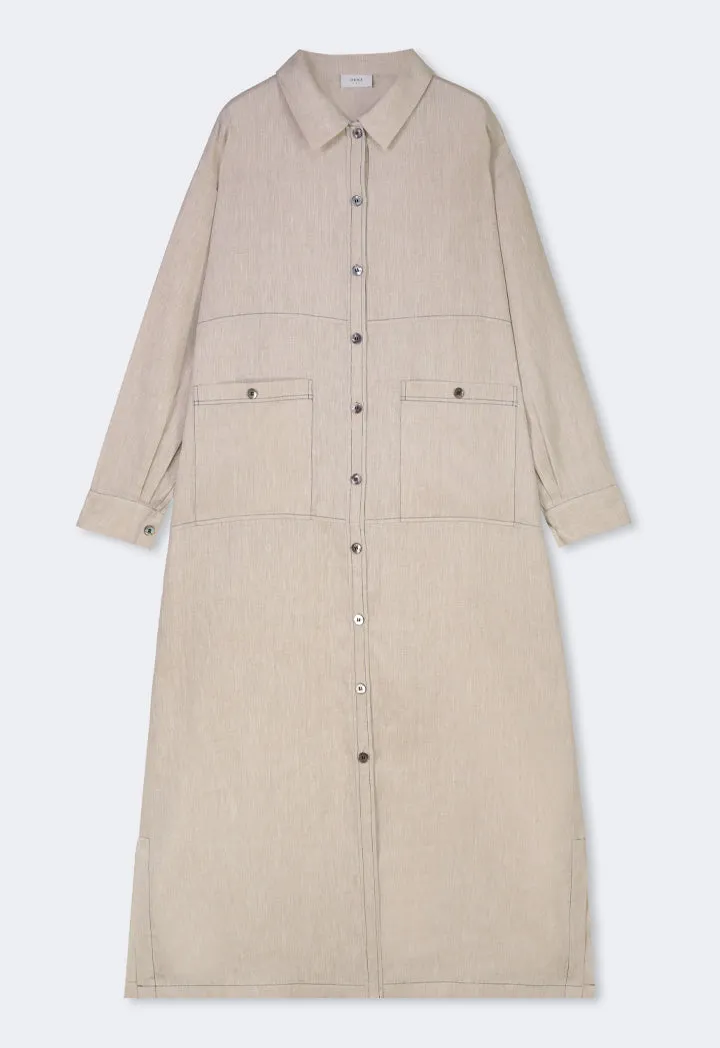 Choice Front Pockets Linen Shirt Dress Beige