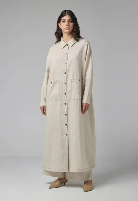 Choice Front Pockets Linen Shirt Dress Beige