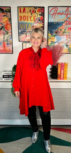 Chrissy Sequinned Bow Shirt - Red