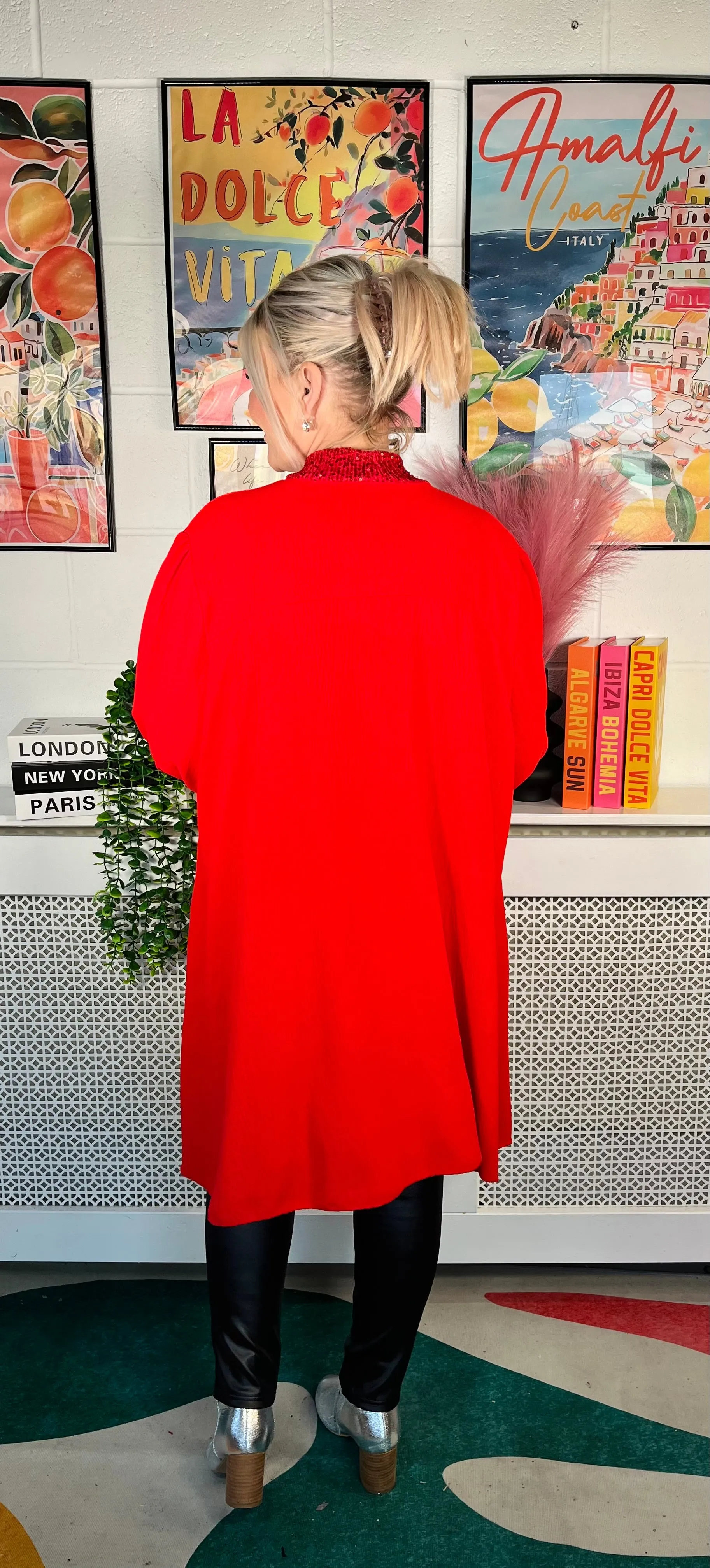 Chrissy Sequinned Bow Shirt - Red